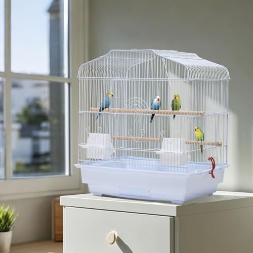 Travel Bird Cage 20.5×18.1×14.2 in Portable Birdcage with Handle and Perches for Small Parrots Canaries Cockatiels Lovebirds Finches Budgies Conures (white)