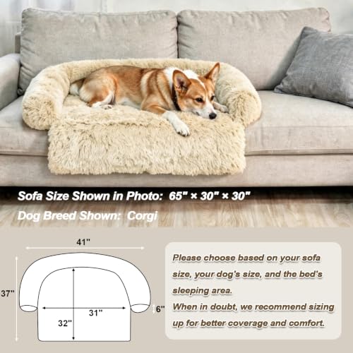 Calming Dog Bed Fluffy Plush Dog Mat for Furniture Protector with Removable Washable Cover for Large Medium Small Dogs and Cats (Beige / 41.0"L x 37.0"W x 6.0"Th)