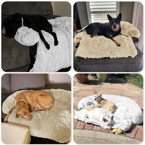 Calming Dog Bed Fluffy Plush Dog Mat for Furniture Protector with Removable Washable Cover for Large Medium Small Dogs and Cats (Beige / 45.0"L x 37.0"W x 6.0"Th)