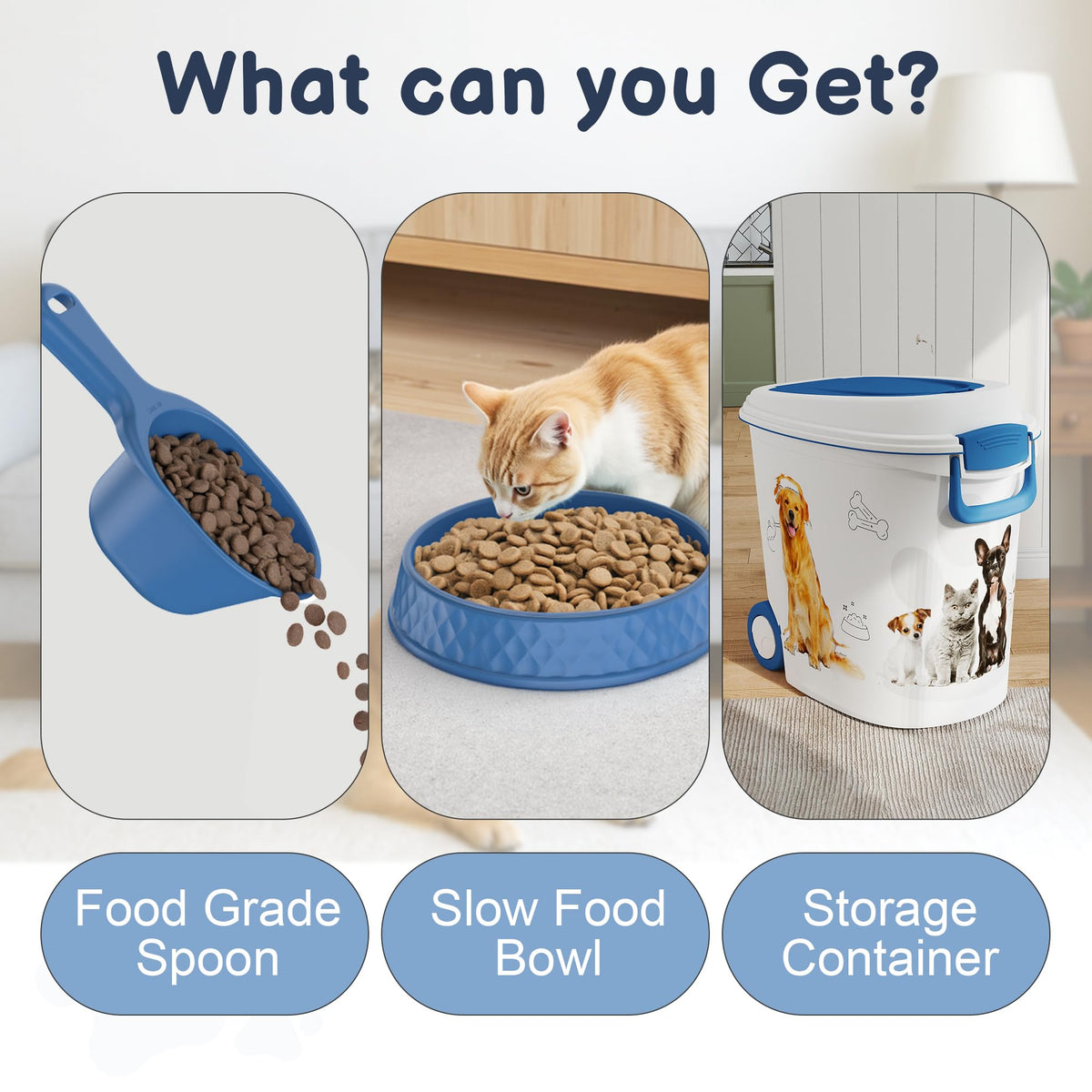 Pet Food Storage Container with Scoop & Slow Feeder Bowl