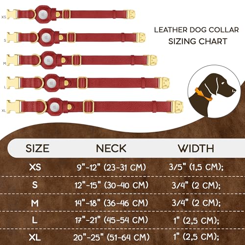 Leather Airtag Dog Collar (Red / L, 17"-21" Neck Fit)