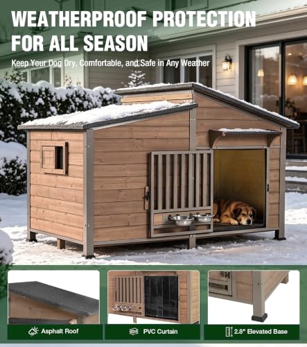 Extra Large Heated Dog House Outdoor with Iron Frame & Rotating Bowls Beige