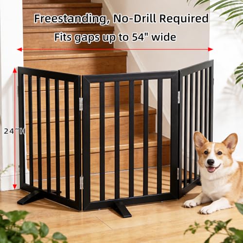 Freestanding Indoor Dog Gate for House Foldable Wood Puppy Gate for Doorways Pet Gate for Stairs Extra Wide Pet Fence (Black / 【3 Panels】60''w x 24''h)
