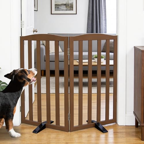 Foldable Freestanding Indoor Dog Gate for House Wood Long Pet Gates Dog Fence for Stairs Puppy Gates for Hallways (Brown / 【2 Panels】40''w X 32''h)