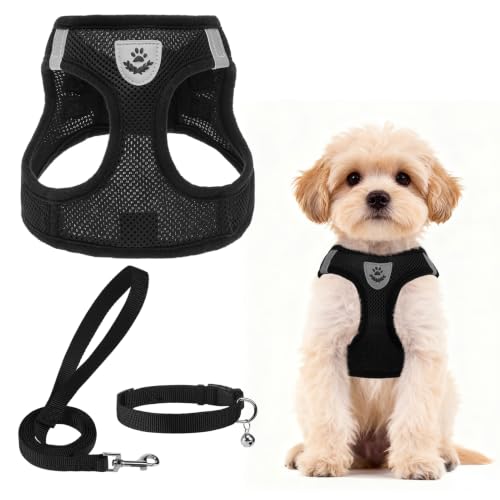 Dog Harness Collar and Leash Set No Pull for Small Medium Sized (Solid Black / S (CHEST 14.5"-16"))