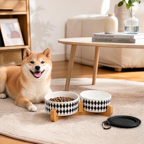 Ceramic Dog Cat Bowl Set with Stand (Black Rhombus / 400ML*2)