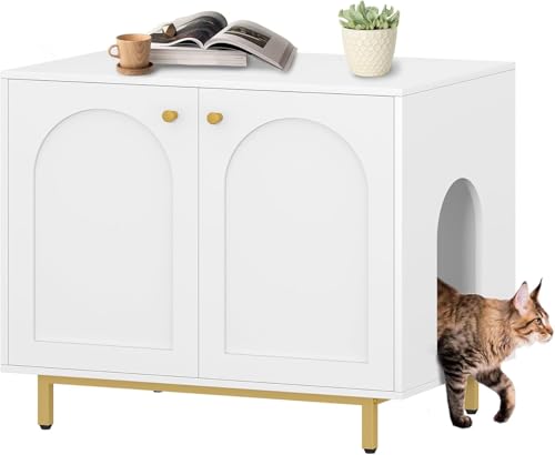 Cat Litter Box Enclosure (31.5"L x 21.7"W x 27.6"H / White and Gold)