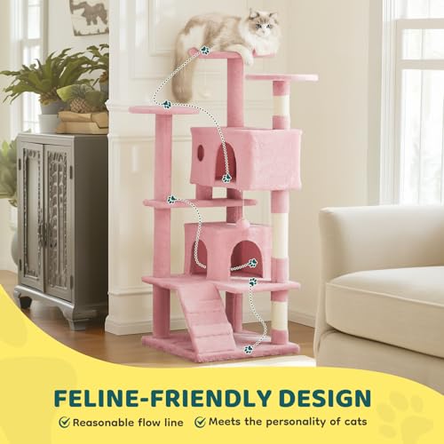 54 Inch Cat Tree Tower with Sisal Scratching Post (Pink / 54"×19.7"×19.7")