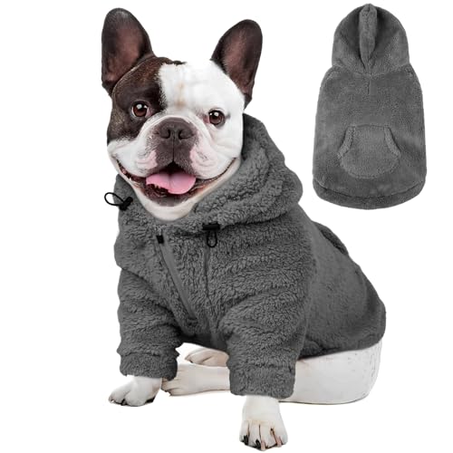 Fuzzy Dog Sweater with Adjustable Hood & Harness Hole (Medium / Grey)