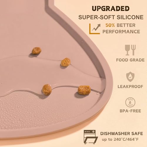 Cat Food Mat Silicone Non Slip Dog Bowl Mat Waterproof Cat Feeding Mat Stop Food Spills and Water Messes Out to Floor Pet Food Mat (Tea Rose / 24'' x 14'')