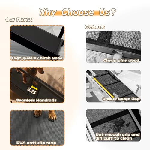 61" Dog Ramp for Bed with Rest Platform & Glow Strips (Black / 61"L x 20"H x 15.7"W)