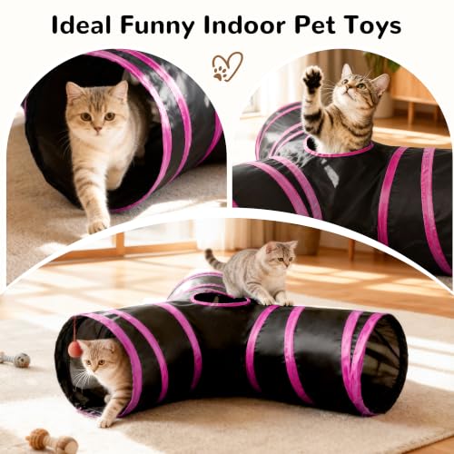 Cat Tunnel, 3-Way Collapsible Toy, Large Size Black & Rose Red (Black & Rose Red / Large)