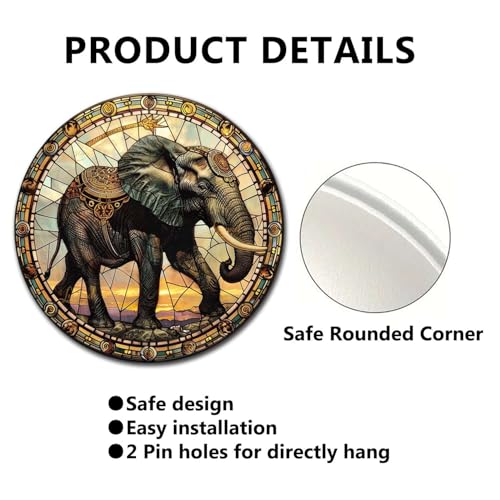 Metal Sign Tin Sign Circular Stained Glass Elephant Garden Tin Sign for Yard 8×8 Inches (8×8 Inches / Elephant)