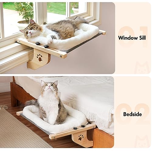 Wooden Cat Windowsill Perch with Zipper Cushion Bed (White / 27.5''L x 15''W)