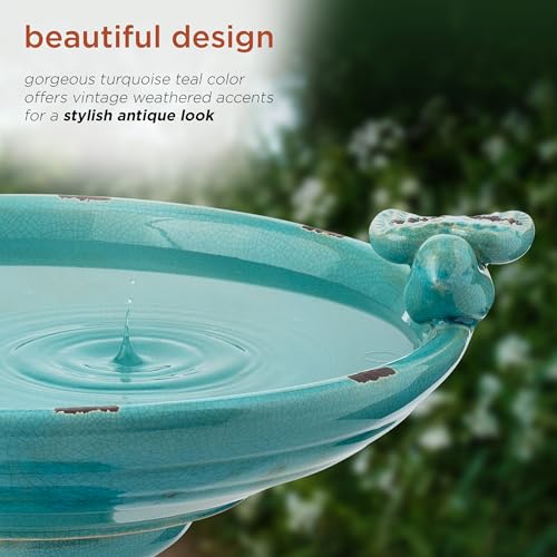 25" Tall Outdoor Ceramic Antique Pedestal Birdbath with 2 Bird Figurines (Turquoise)