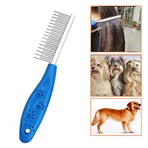 Long Hair Dog or Cat Comb Grooming with Short and Long Teeth Dematting Knots Tangles Remover Combs Detangler Tool Suitable for Dogs Cats Poodle HorseStainless Steel Pin (Blue)