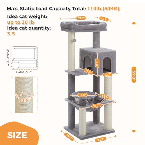 Cat Tree for 30lbs Large Cats (Grey / 57.8 Inches)