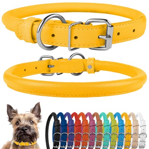 Tangle Free Rolled Leather Dog Collar (Yellow / XS)