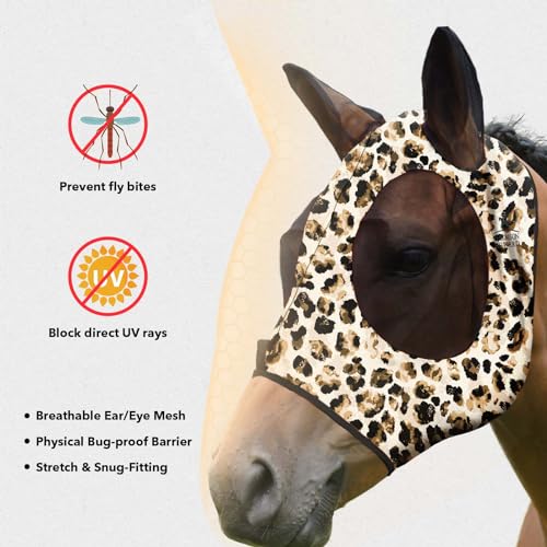 Super Comfort Stretchy Fly Mask Large Eye Space with UV Protection Soft on Skin with Breathability Leopard Print XL Extra Full Size (Extra Full Size / Leopard Print)