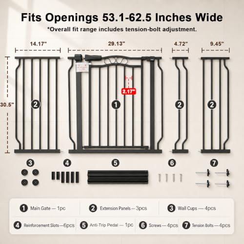53.1 62.5 Inch Extra Wide Baby Gate Pressure Mounted for Doorways (Black / 53.1"-62.5")