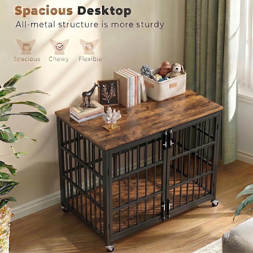 38" Heavy Duty Dog Crate Furniture for Large and Medium Dogs (Black + Rustic Brown)