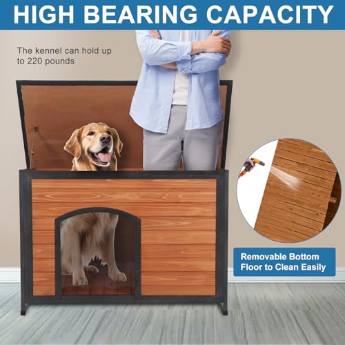 Outdoor Insulated Wooden Dog House Weatherproof Chew Resistant Metal Frame (43.3"Length)