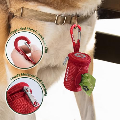 Dog Poop Bag Holder for Leash with Carabiner Clip Soft Fabric (Red)