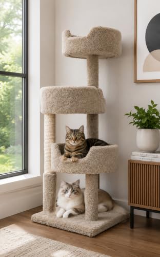 Deluxe Cat Tower with spacious cat perches and scratching post for Large Cats (Beige)