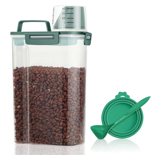 Small Dog Food Storage Container 3 Qt with Cat Food Can Cover and Mixing Spoon (Dark Green 3Qt)