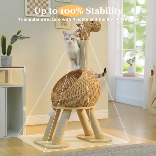 Dinosaur Cat Tree 46” Cat Scratching Posts with Large Rattan Bed (Dinosaur)