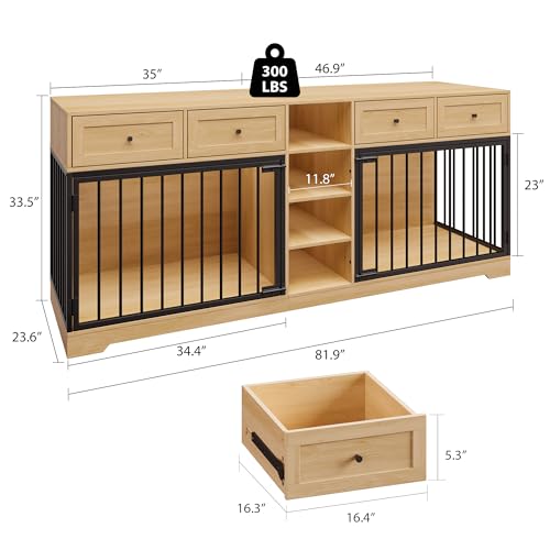 82" Double Dog Crate Furniture with Drawers and Shelves (Natural / 81.9"L x 23.6"W x 33.5"H)