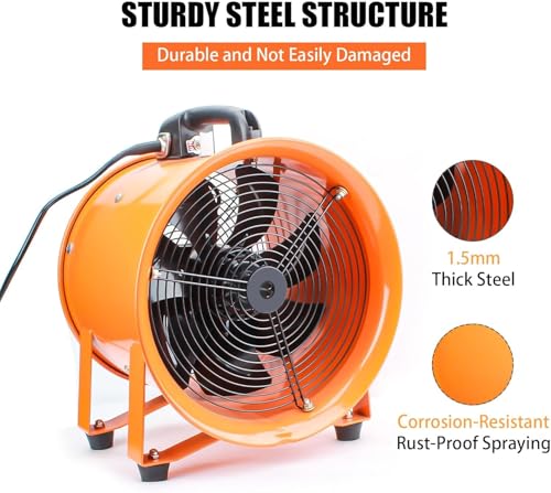 12-Inch High-Velocity Portable Utility Blower Fan, Industrial Exhaust Fan with 33ft Flexible Duct Hose, 3150 RPM Low-Noise Ventilator for Basements, Workshops, Warehouses, and Confined Spaces (12" x 33ft)