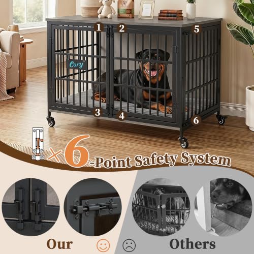 42 in Heavy Duty Dog Crate Furniture on Lockable Wheels (Grey / 42.1"L x 29.3"W x 31.2"H)