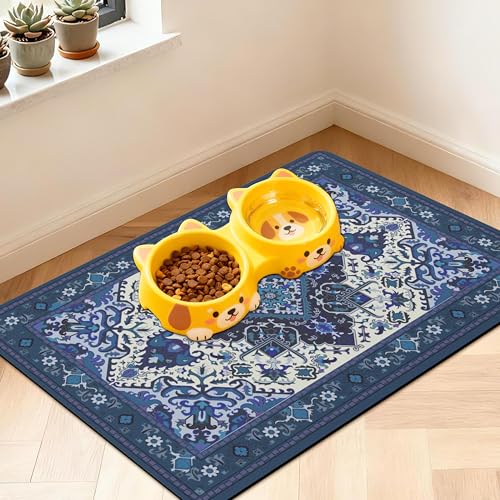 Pet Feeding Mat for Floors Waterproof Dog Mat for Food and Water Absorbent Quick Dry Non Slip mat for Cat Bowls (32"L x 24"W / BlueBoho)