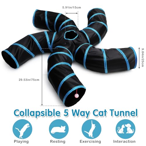 21 Pcs Cat Tunnel for Indoor Set Collapsible 5 Way Tubes with 20 Pcs Cat Kitten Toys Interactive Feather Toy Mouse Crinkle Balls Tube for Puppy Kitten Rabbit (Blue Black)