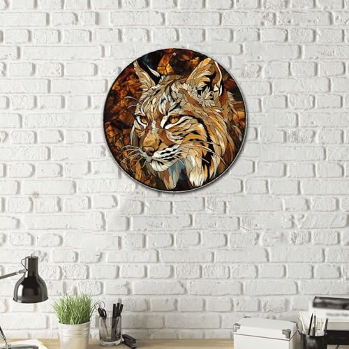 Metal Sign Tin Sign Circular Stained Glass Bobcat Signs for Garden for Patio 12×12 Inches (12×12 Inches / Bobcat-1)