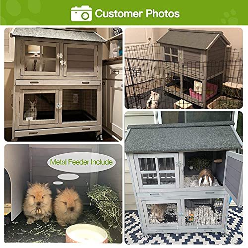 Rabbit Hutch Indoor Outdoor Bunny Cage Rabbit House with Movable Wire Netting (Gray / 38.6"L x 25.6"W x 44.2"H)