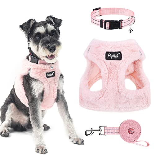 Dog Harness Collar and Leash Set No Pull for Small Medium Sized (Plush Pink / XS (CHEST 13"-14.5"))