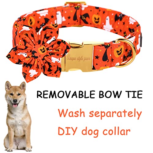 Halloween Dog Collar with Flower Tie Cotton Adjustable Puppy Collar for Small Medium Large Dogs (Large / B-AHalloween)