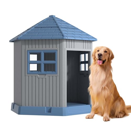 Dog House Indoor Outdoor Durable Large Dog Shelter with Outside Dog Kennel with Window and Elevated Floor for Small Medium Dogs (Blue-2 / 34.8*30.51*36.89)
