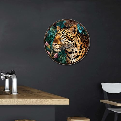 Metal Sign Tin Sign Circular Stained Glass Leopard Gardening Poster for Bar 12×12 Inches (12×12 Inches / Leopard-4)