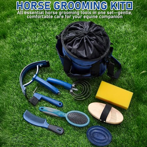 9 Pcs Horse Grooming Kit Tack Room Supplies (Classic / Dark Blue)