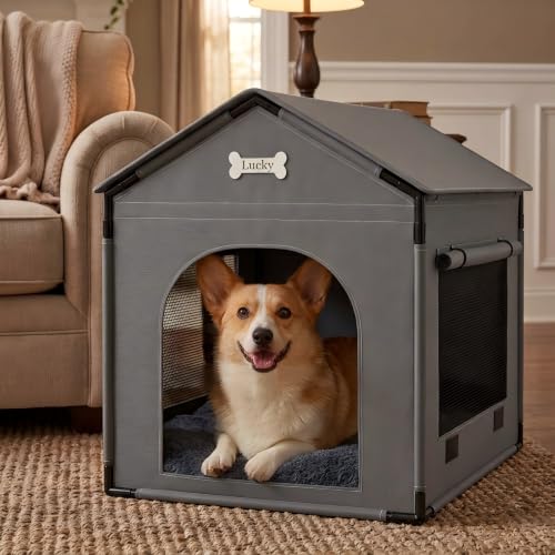 27.6" Dog House Indoor Outdoor Dog Kennel Tent Bed (Grey / L: 27.6"L x 21.3"W x 26.8"H)