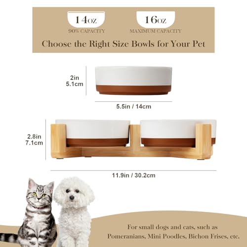 Ceramic Dog Bowls Small Size Dog with Wood Stand (S-1.5 Cups / Vanilla White（2 PCS with Stand）)