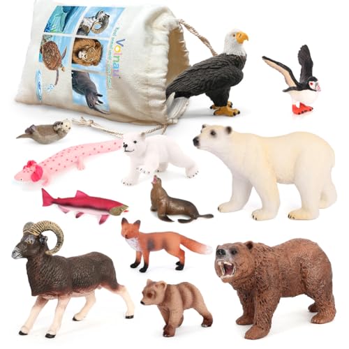 Safari Animal Figurines Toys 12PCS North America Figures Zoo Pack for Toddlers Kids Christmas Decoration Gift Preschool Educational Bald Eagle Bear Salmon Salamander Jungle Forest Cake Topper