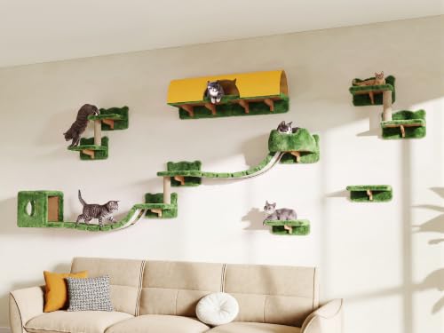 16-in-1 Cat Wall Shelves, Cat Furniture w/Tunnel & Bridge, Green (Green / 16-in-1)