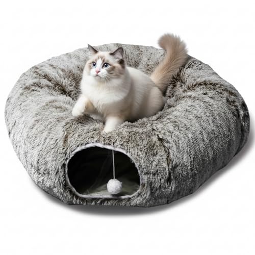 Plush Cat Tunnel Bed for Indoor Cats (Brown)