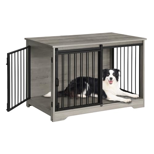 39.3" L Dog Crate Furniture Indoor Dog Kennel with Barn Door (Greige / 39.3"L x 23.6"W x 26.8"H)