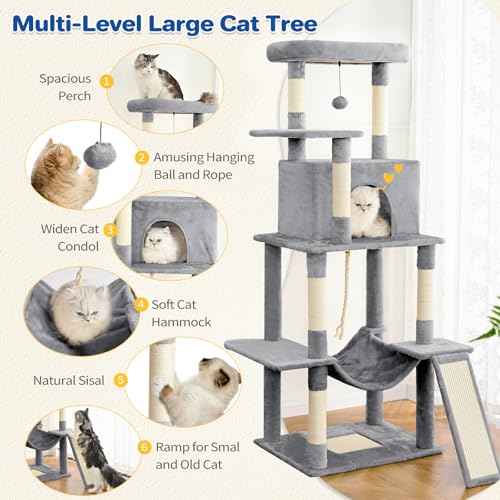 63" Multi Level Cat Tree Tower for Indoor Cats (Light Grey)