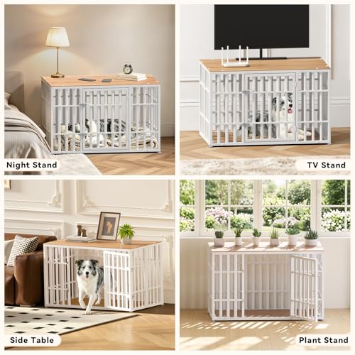 46 Inch Heavy Duty Dog Crate Furniture for Large Dogs (45.8"L x 27.5"W x 28.7"H / White+Wood)
